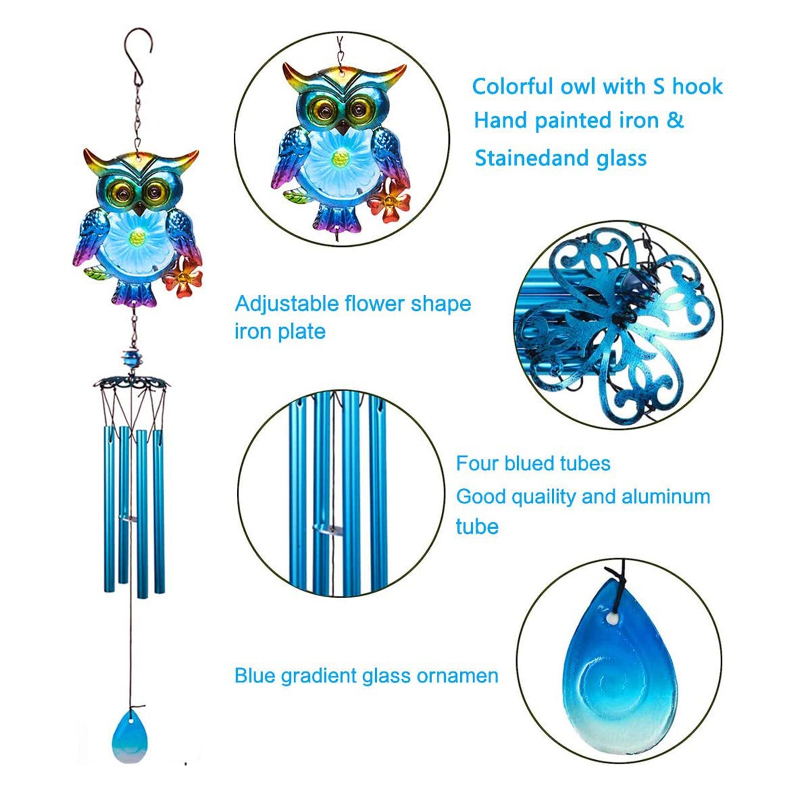 Windgong, Cartoon Uil-Vormige Windbell Decoratieve Hangers Ornamenten Voor Home Office Cafe Winkel, blauw/Geel/Rood