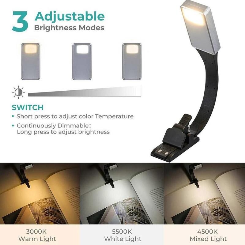 Leseklemme lys på bok svart usb oppladbar fleksibel ledet øyebeskyttelse lesenattlys mini bærbar studentlampe