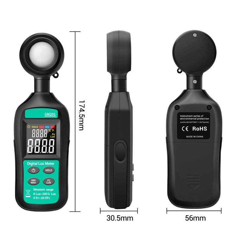 Luxómetro Digital portátil de medidor de luz 200K Lux fotómetro Metro Illuminometer ultravioleta UV radiómetro GN201
