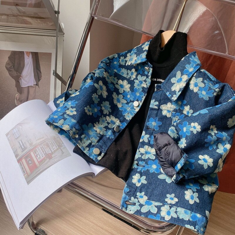 2021 stile coreano nuovo autunno bambini ragazze ragazzi cappotto blu Jacquard tessuto maniche lunghe giacca di jeans bambini moda calda Top E022