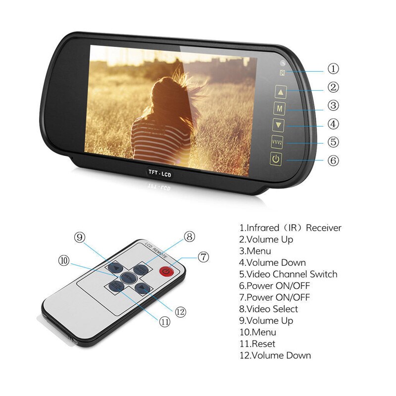 Yuanting 7 tuuman lcd tft auton peruutuspysäköinti taustapeili näyttö kosketuspainikkeella tukee kahta tapaa videotuloa