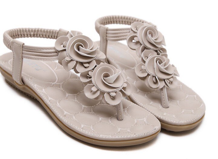 Sandalias étnicas De verano para Mujer, plataforma De flores, tacón plano, Punta abierta, banda elástica, informales, para playa y aire libre: apricot / 6
