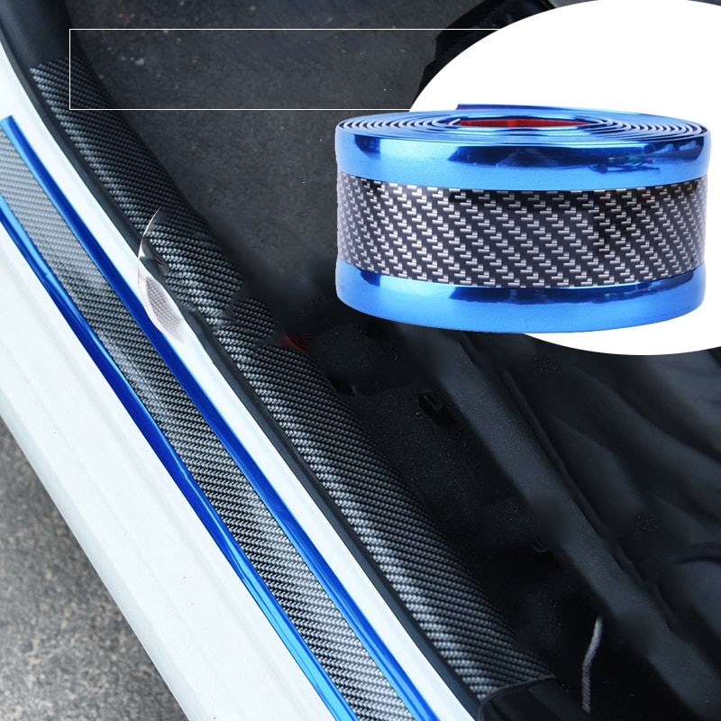 Blå kulfiber bildørskærm styling klistermærke karm scuff plade pedal strip pvc ridsefast beskyttende tape bilindretning