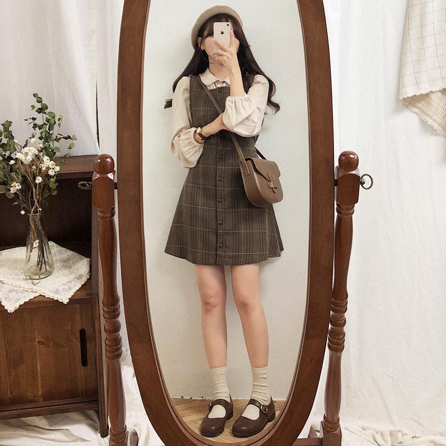 Preppy Sty – tenues assorties pour filles japonaises, robe chemise trapèze à carreaux pour dames, automne printemps 2023