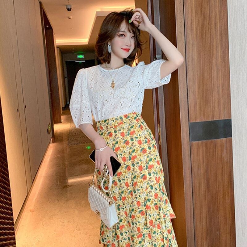 Awarose kobiet dziurawy koronki z krótkim rękawem szczyt kwiatowy liści lotosu spódnica 2 dwuczęściowy modne ciuchy zestaw kobiety lato elegancki garnitur