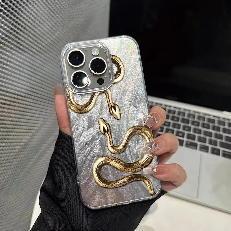 Coque de téléphone transparente serpent doré, étui pour iPhone 16 15 14 13 12 11 Pro XR XS Max 7 8 Plus, housse Y2K: plastique