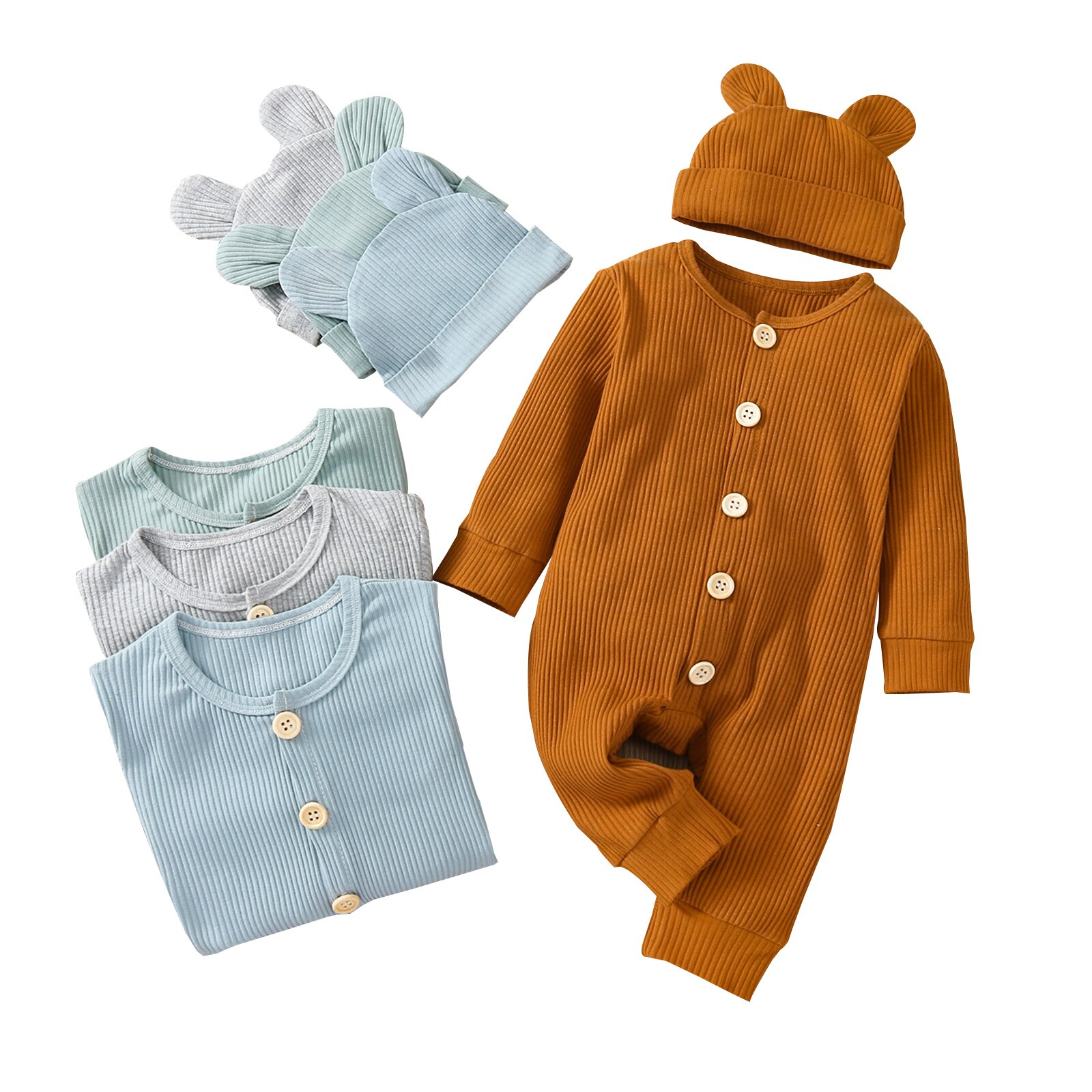 Infantil bebê meninas meninos macacão com chapéu, crianças cor sólida o-pescoço manga longa macacão + boné para outono de primavera, 0-24 meses