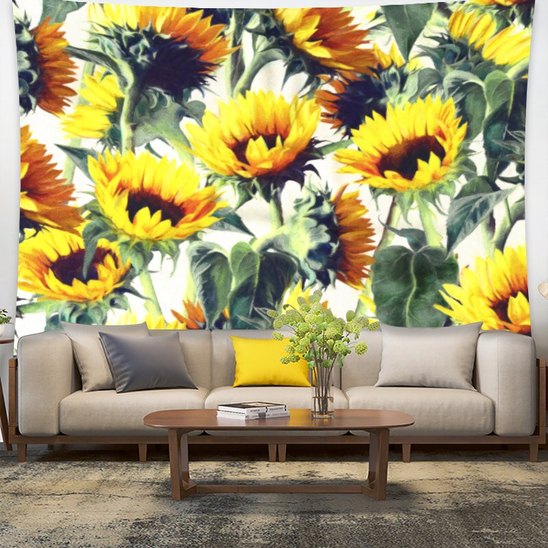 Gobelin ścienny ze słonecznikiem żółty i zielony kwiat roślina liściasta wiszące gobeliny w Świetnie ściana dywan tkaniny wiszące dekoracje ścienne