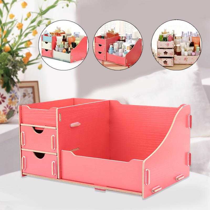 Cosmetic Storage Box Wooden 2 Drawers DIY Practical Desktop Makeup Organizer Cosmetic Organizer BeautyTools Dresser