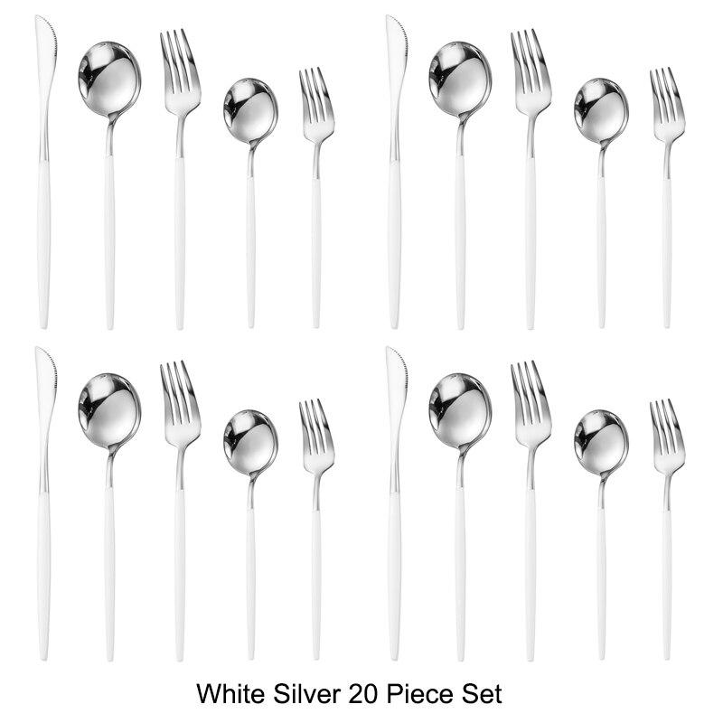 20 pièces or noir ensemble de couverts ensemble de vaisselle 18/10 acier inoxydable couteau Dessert fourchette cuillère vaisselle argenterie directe: White Silver