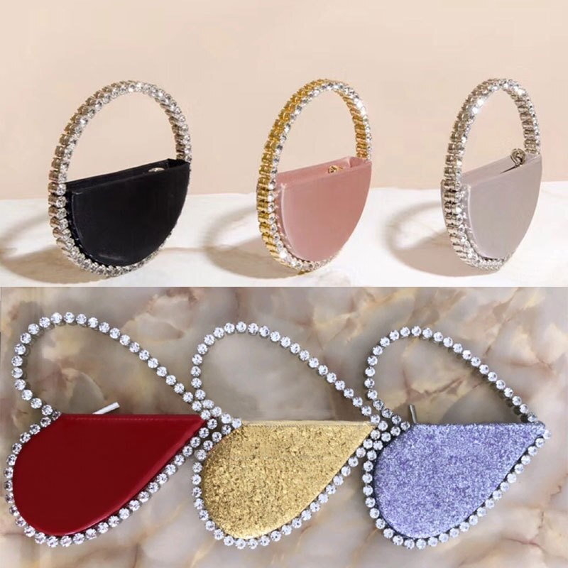 Diamond Red Heart Evening Clutch Bags Metal Handle Circle Purse Chic Rhinestone for Women Wedding Party Flaps