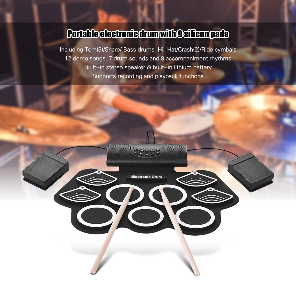 XFDZ Portable electronic drum set hand drum set 9 built-in stereo speakers 1000mA lithium battery with drum pedals