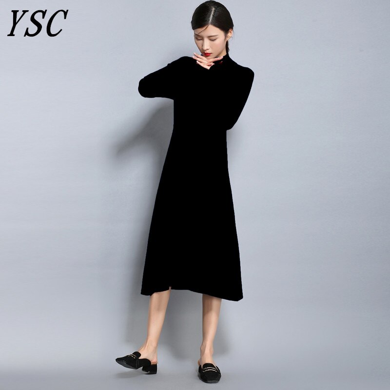 YUNSHUCLOSET spring Women's Knitted Cashmere Wool Dress Half High collar Long style Solid color Dress: Black