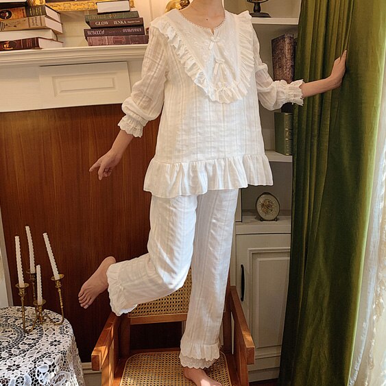 Conjunto de pijama Lolita para mujer, Tops de encaje de flores bordadas + Pantalones largos, pijama Vintage para mujer, ropa de dormir victoriana, ropa de descanso: Blanco / S