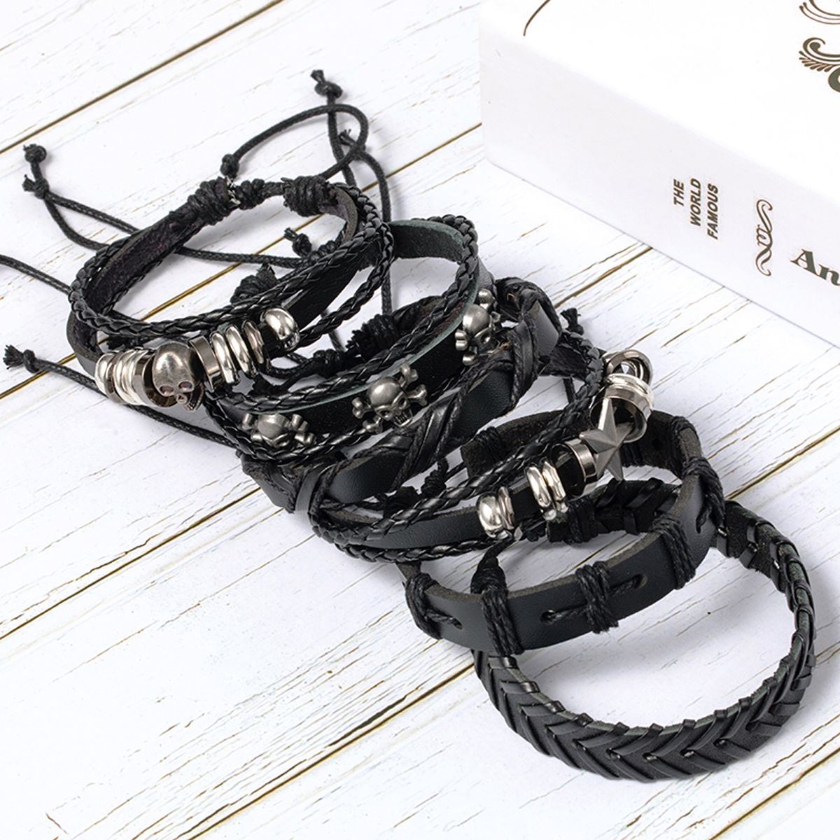 6 stks/set zwarte punk schedel & stervormige legering & pu lederen armband