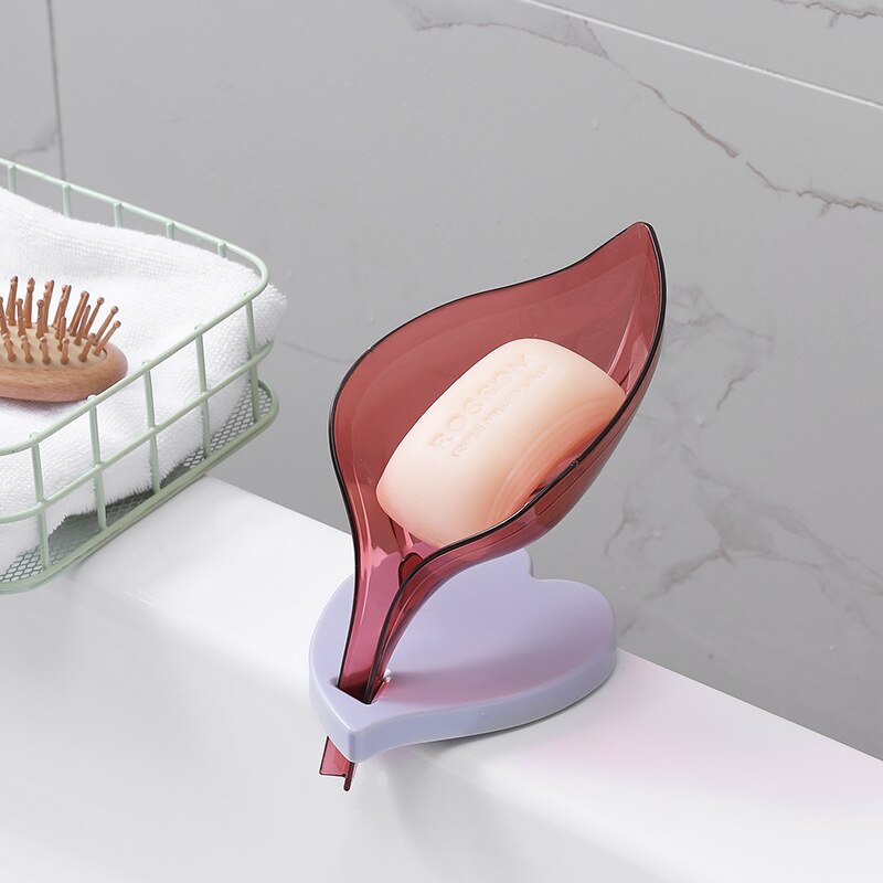 Såpeholder såpeskål oppbevaringsboks avløp baderomsorgan såpebrett sugekopp tørr bladform hjemmedekorasjon: Vinrød a