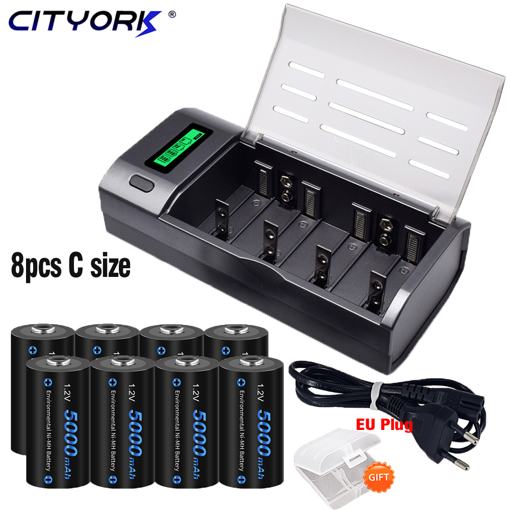 CITYORK Akumulator o rozmiarze 1,2 V C 5000 mAh Akumulator R14 C o dużej pojemności z ładowarką LCD do C D AA AAA 9 V: WHITE