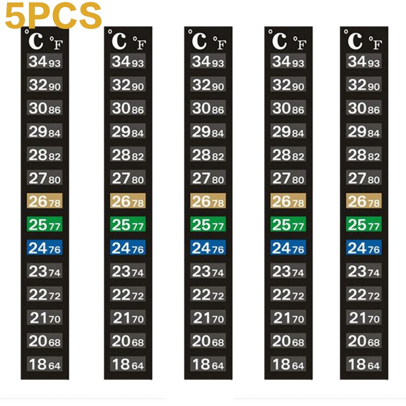 1-5pcs Aquarium Fish Tank Thermometers Strip Stick-on Discolor Thermometer Temperature Sticker Adhesive Sticky Dual Scale 18-34: 5pcs
