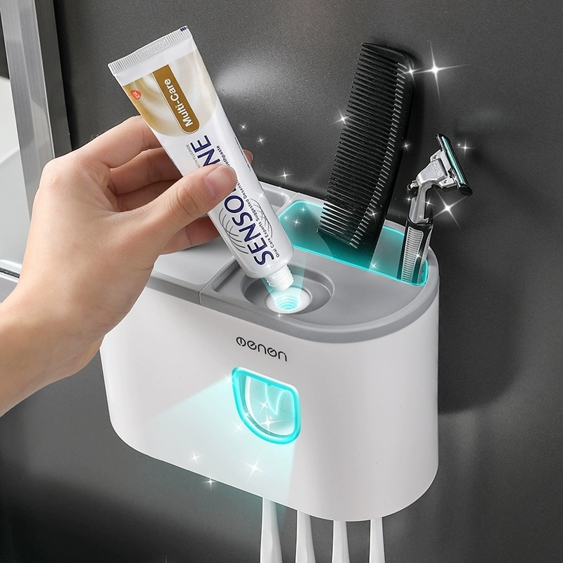 Muur Gemonteerde Magnetische Tandenborstelhouder Waterdichte Tandpasta Knijper Voor Wc Grey Automatische Dispenser Badkamer Accessoires