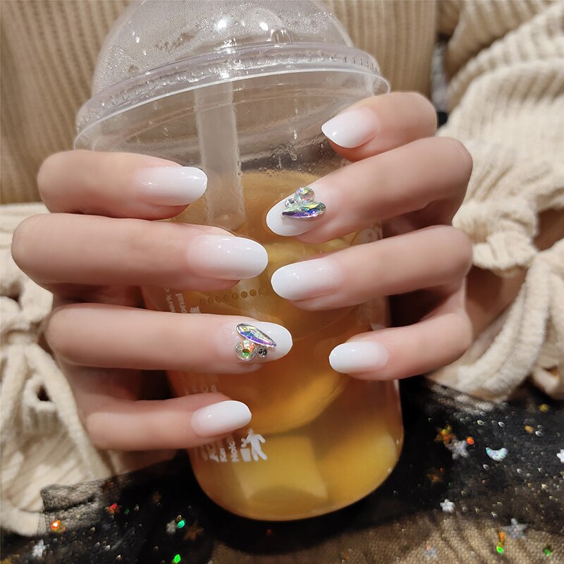 24 Pcs/Boxed Geleidelijke Verandering Witte Bloem Lange Europa Amerika Kleine Decoratie Nep Franse Nagels Pre Acryl Nail producten