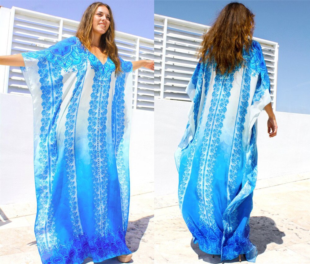 Bohemian Beach Dress Women Sea Blue Printed Kaftan Robe Maxi Bikini Cover Up Cotton Tunic Oversize Batwing Sleeve Swim Suit