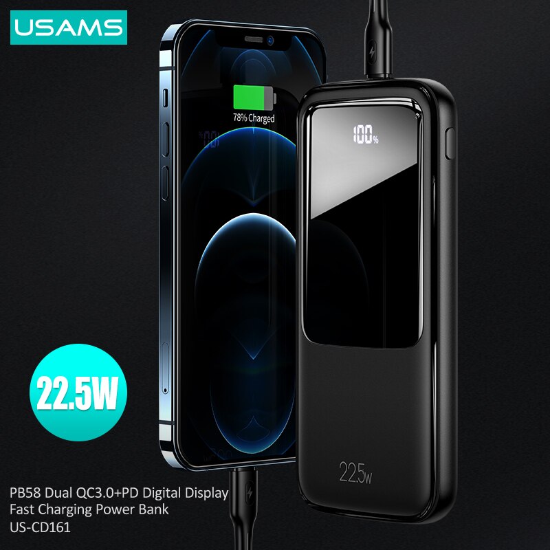 Usams  pd 22.5w schnelllade-powerbank mit digitalanzeige,  qc3.0 mah 10000 tragbarer externer akku für smartphone, tablet und laptop