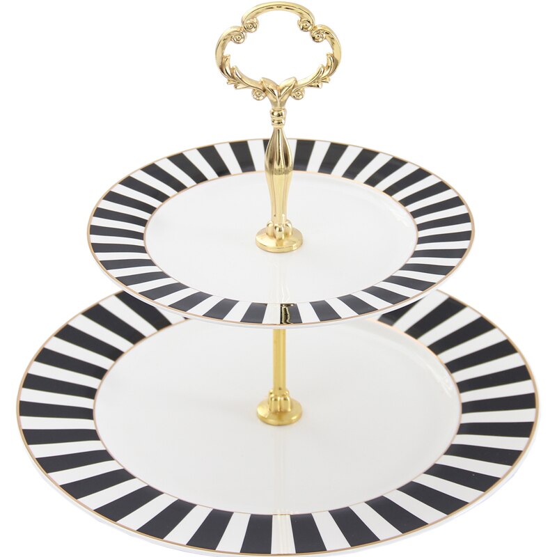 2 tier Cake Plate Stand Black and White Check Porcelain Snack Plate Fruit Holder Classic Ceramic Kitchen Dish For Party Wedding