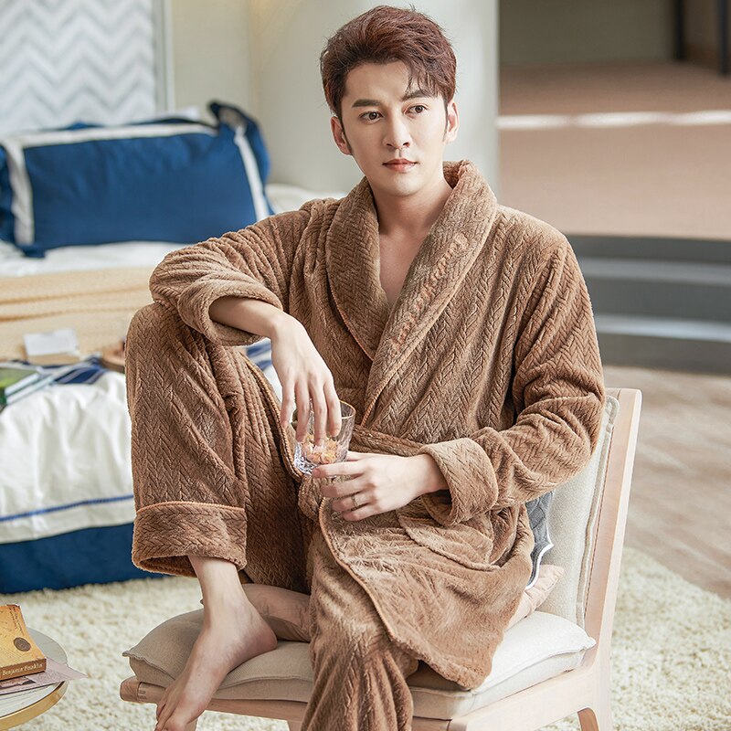 Dikke Warme Flanel Robe + Broek 2Pc Winter Fall Mannen Pyjama Pak Coral Fleece Kleed Set Volledige Mouw Nachtkleding mannen Pijamas Homewear