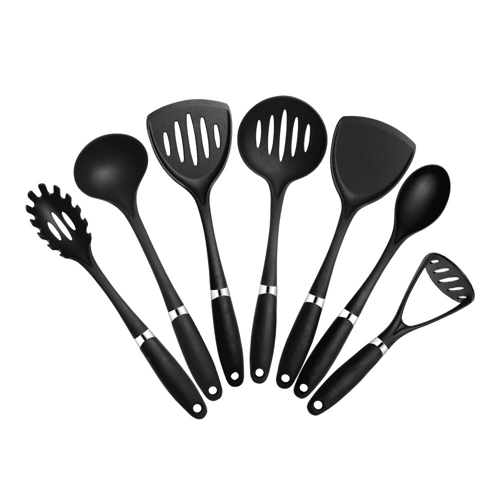 10PCS Cooking Tools Set High Temperature Resistant Nylon Kitchenware Shovel Turners Kit Black Cookware Utensils Kitchen Supplies: 7pcs