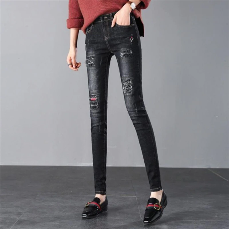Jean déchiré Boyfriend pour femmes, Streetwear, slim, pantalon crayon, décontracté, noir, extensible: 30 (57kg-62kg) / black