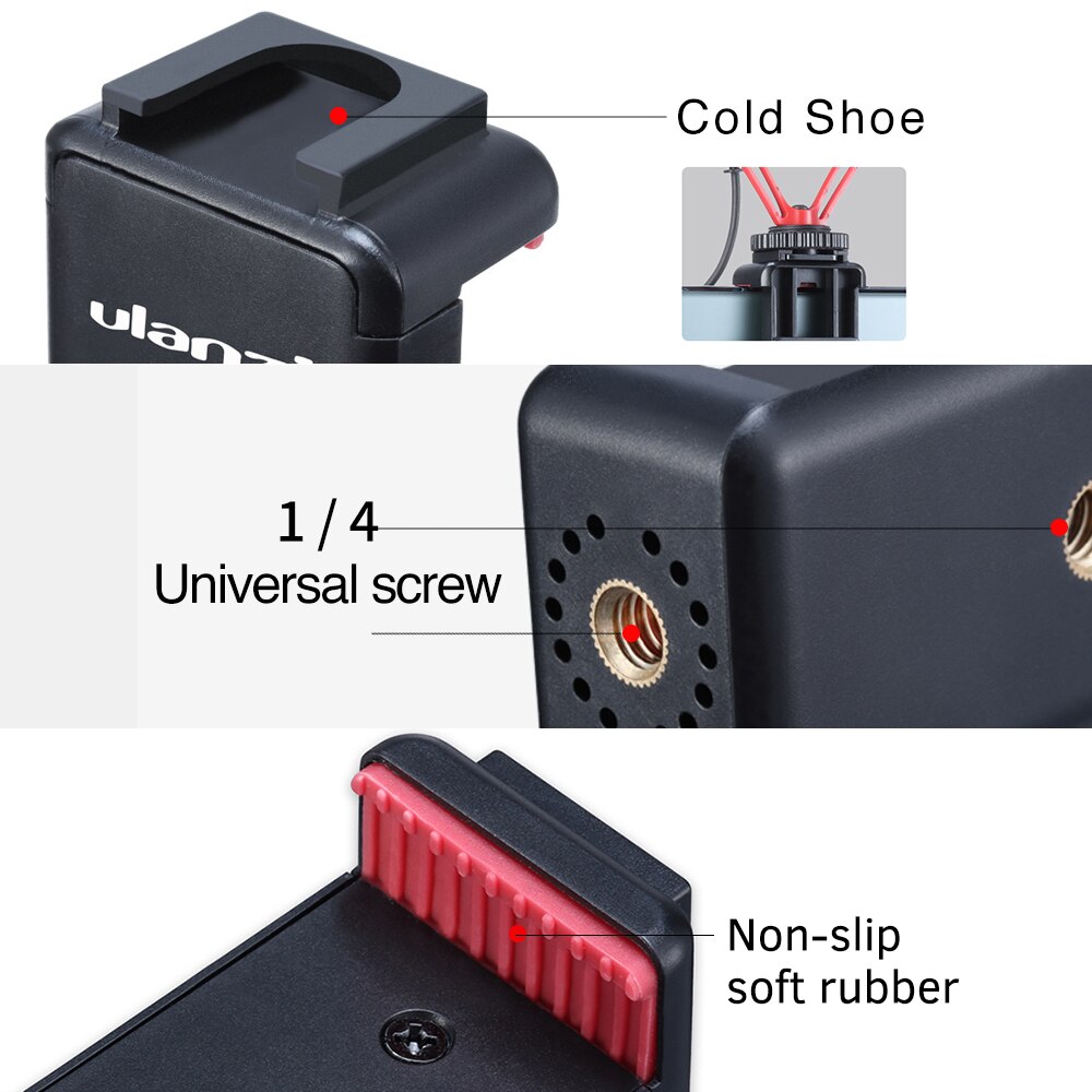 Suporte de telefone ulanzi ST-07 ajustável, para vlogs + 1/4 Polegada parafuso sapato frio para smartphone de 5.6-8.3cm para tripé led luz microfone