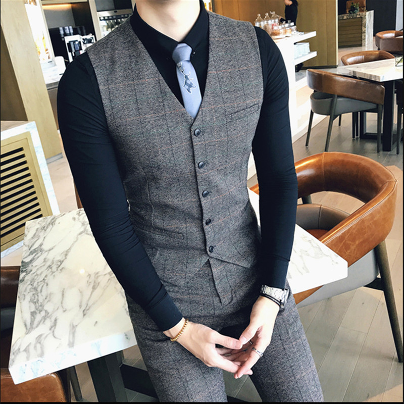 Men's Boutique Cotton Plaid Business Casual Suits Vests Men's Wedding Dress Formal Suit Vest Male