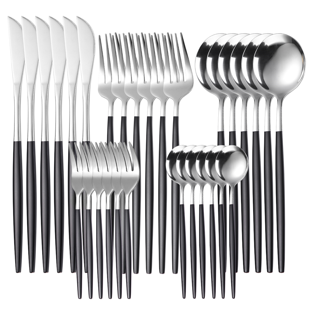 Couverts en acier inoxydable, 30 pièces, service de table en or, vaisselle en acier inoxydable, fourchette en or, cuillère couteau, service d'argenterie de luxe pour Banquet: 30Pcs Black Silver