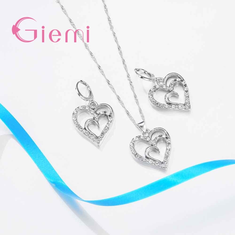 Zoete Hart Vrouwen Sieraden Sets Voor Wedding Party Shiny Zirkoon Echt Zilveren Ketting Hanger Oorbellen Set