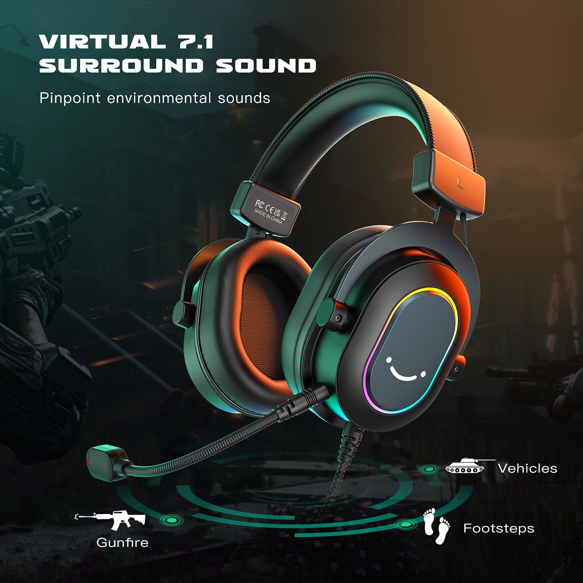 Fifine Dynamiczny zestaw słuchawkowy RGB do gier z mikrofonem Słuchawki nauszne 7.1 Dźwięk przestrzenny PC PS4 PS5 3 Opcje EQ Gra Film Muzyka