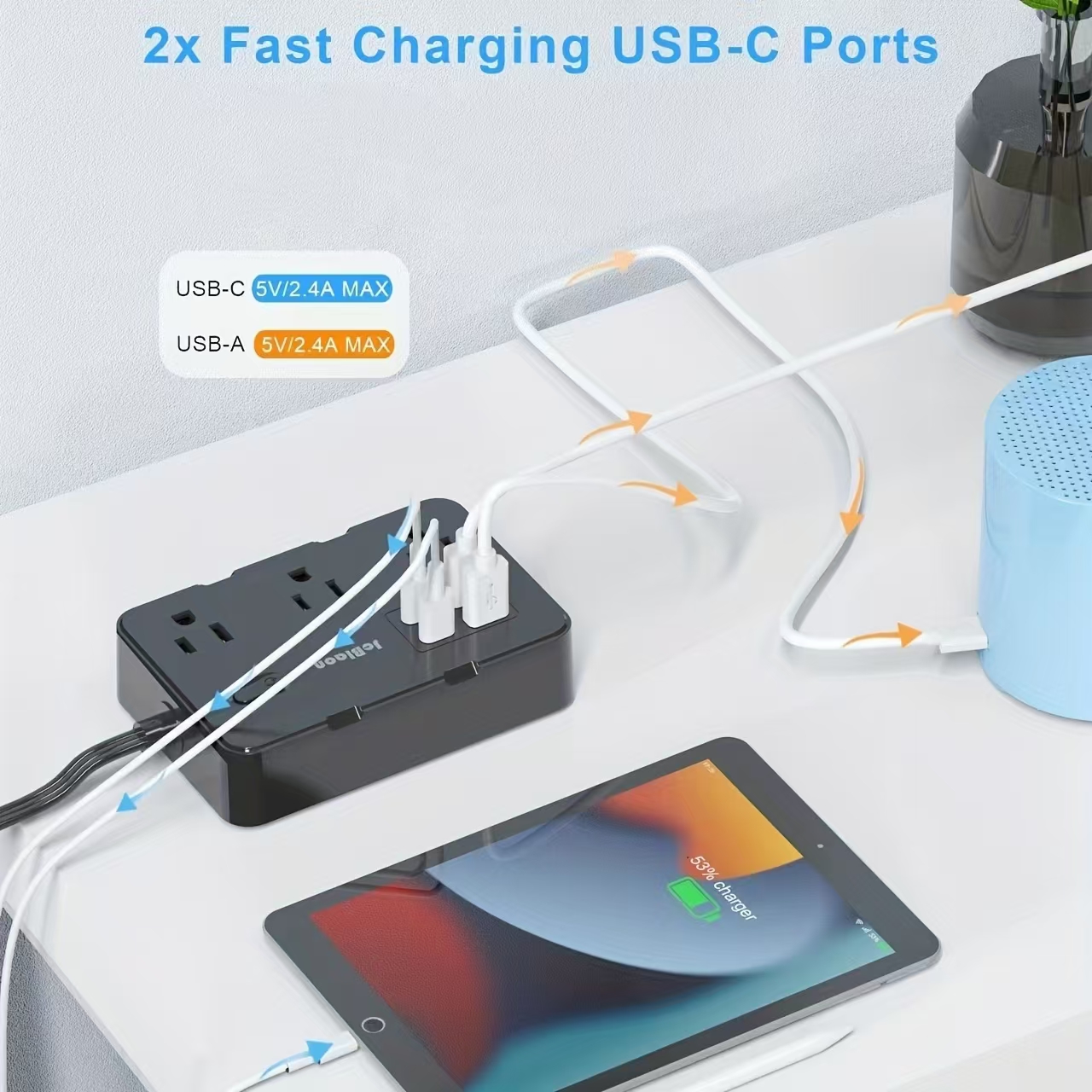 Ultra Thin Flat Plug Extension Cord with 4 USB Ports(2 USB C), 5ft Surge Protector Power Strip, 6 Widely Outlets Extender