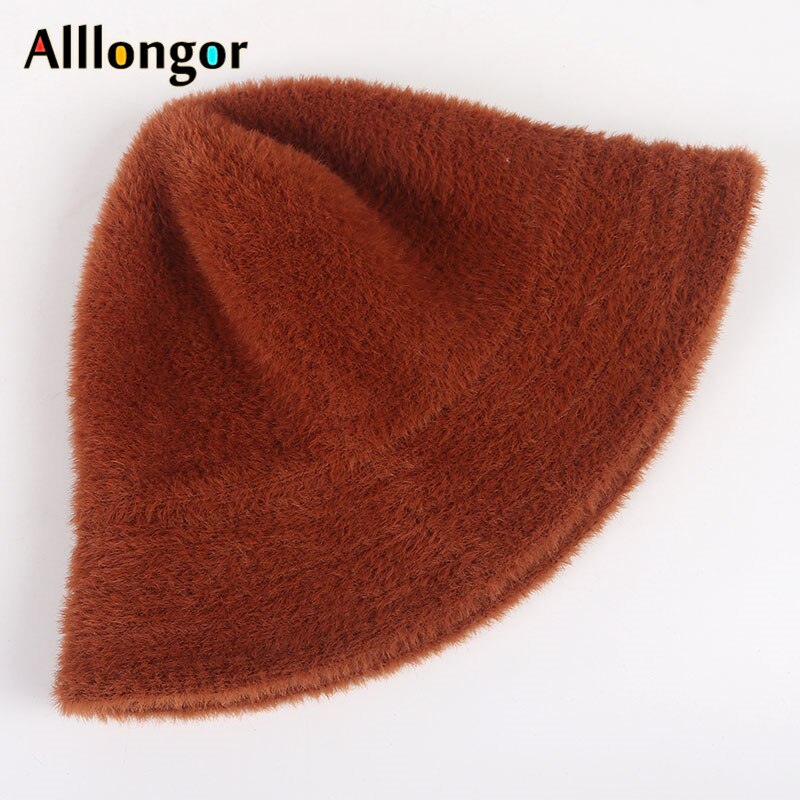 Winter Hat Women Bucket Hat Femme Autumn Warm Solid Casual Plush Faux Fur fishing cap Solid Wool fisherman&#39;s hats mujer: Auburn
