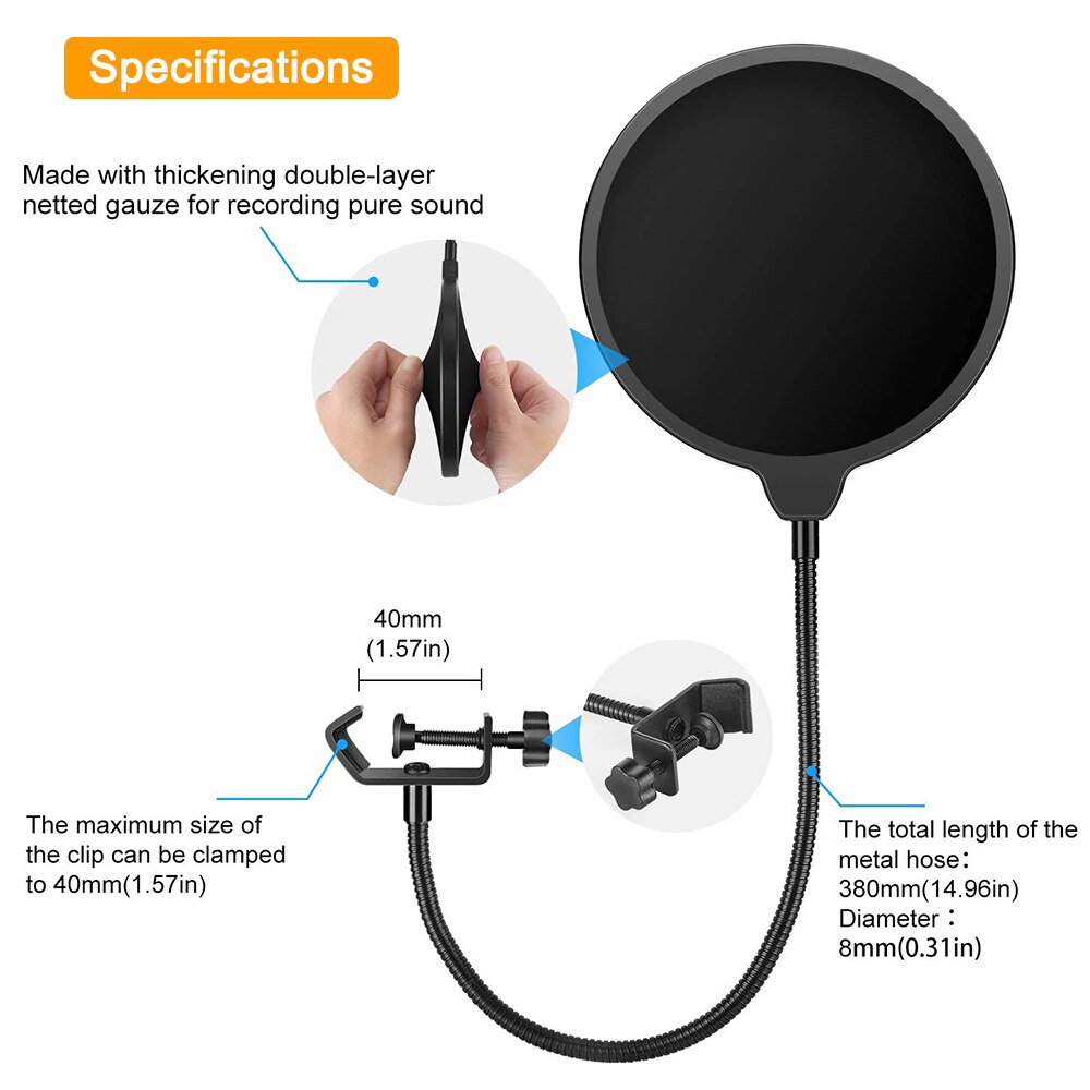 Filtr Muzyka pop mikrofon dla niebieski yeti i Bm 800 Mic 6 Cal dwuwarstwowa Muzyka pop szyba przednia z elastycznym uchwytem stabilizującym 360 °