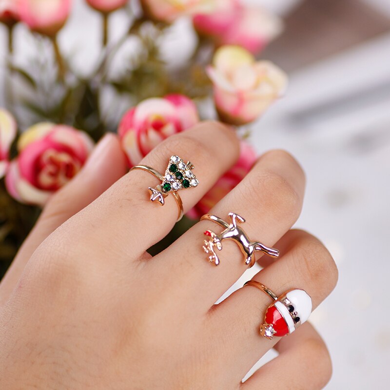 6-piece conjunto de bonito dos desenhos animados elk árvore de natal anel abertura ajustável liga moda senhoras enfeites de natal presentes do feriado