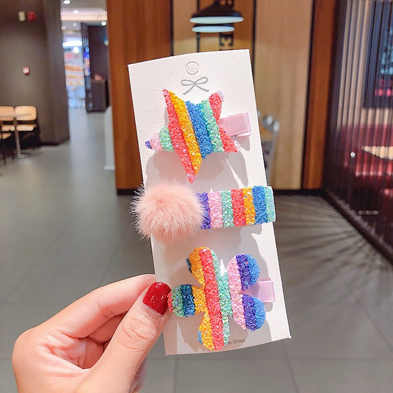 3 stuks schattige kleurrijke regenboogclips voor meisjes in de sky-serie met kleine pailletten en haaraccessoires in de vorm van een wolk met regenboog.: 01