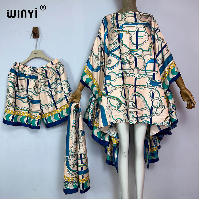 Winyi vardagskostym bohemisk strand boho tryck damshorts kostym strandöverdrag  up 3 -delat set för kvinnor: Kaki