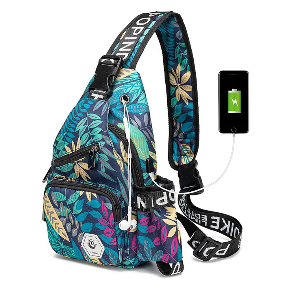 Tiener Jongens Schoudertassen Usb Opladen Crossbody Tassen Anti Diefstal Borst Bag School Zomer Korte Trip Messenger Bag: blue leaf