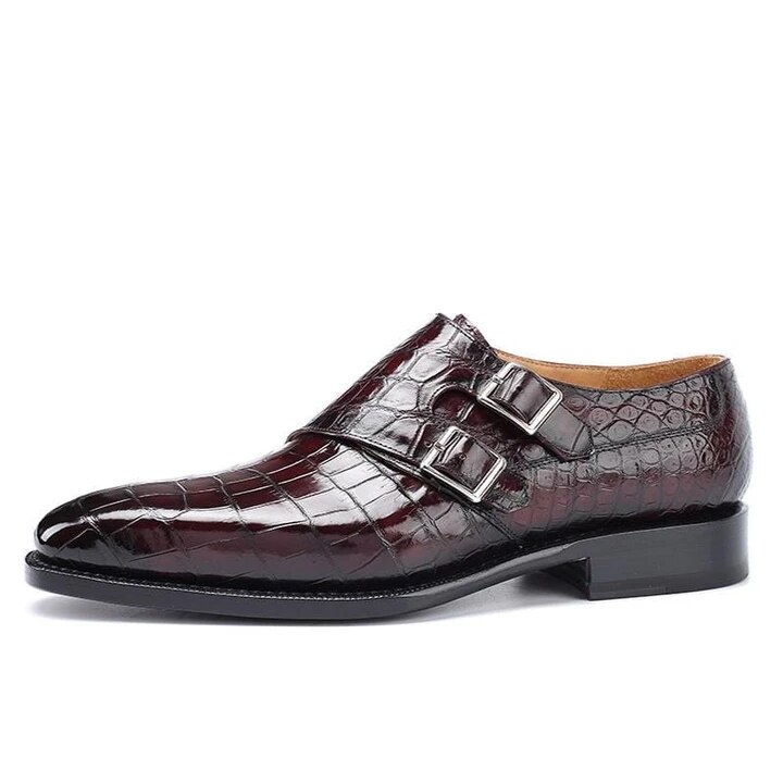 Heren krokodillenleren schoenen met lage hak, gesp, brogue schoenen, enkellaarsjes, vintage, klassiek, mannelijk, casual  f59: Wijnrood / 39