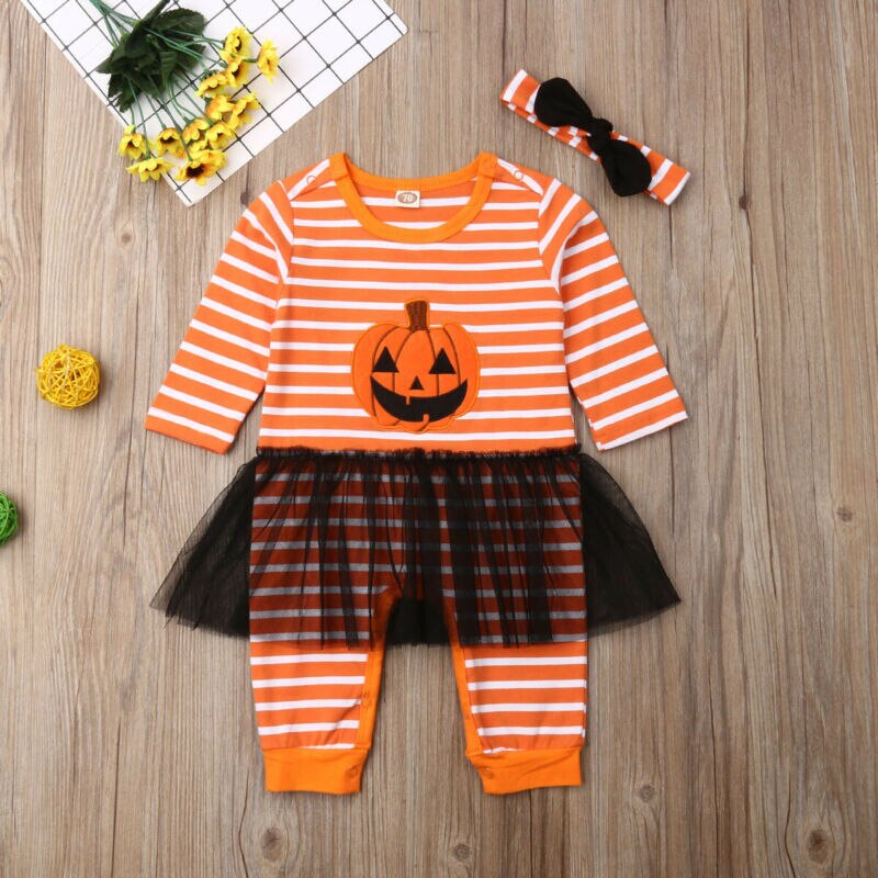 2019 fantasia Novità Appena nato Del bambino Della Ragazza del Ragazzo di Zucca di Halloween Vestiti A Strisce Pagliaccetto Lungo Del Manicotto del Vestito Della Tuta vestito 0-24M Carino: Girl / 6m