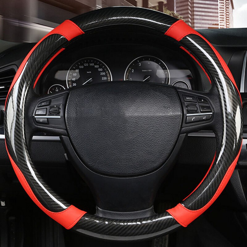 Fibra de carbono negro + rojo 38cm cubierta de volante antideslizante embellecedor de reemplazo antideslizante para las piezas útiles del coche