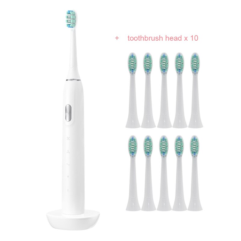 Cepillo de dientes eléctrico para adulto, cepillo de dientes eléctrico sónico con batería de 2000mAh para 90 días, carga USB, resistente al agua, 45000 veces/min: White  10brush head