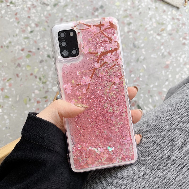 Pink flydende kviksand cover til samsung galaxy  s24 s23 s22 s21 plus  s20 fe s25 ultra  a54 a55 glitter blomster bling klart tpu cover: Eva / Beige