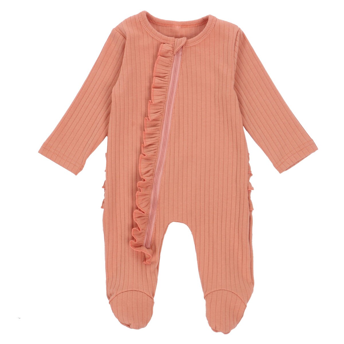 Fall Spring Baby Girls Boys Romper Breathable Infant Long Sleeve Jumpsuit Ruffle Zipper Solid Color Footed Sleepwear 0-6M: A / 70
