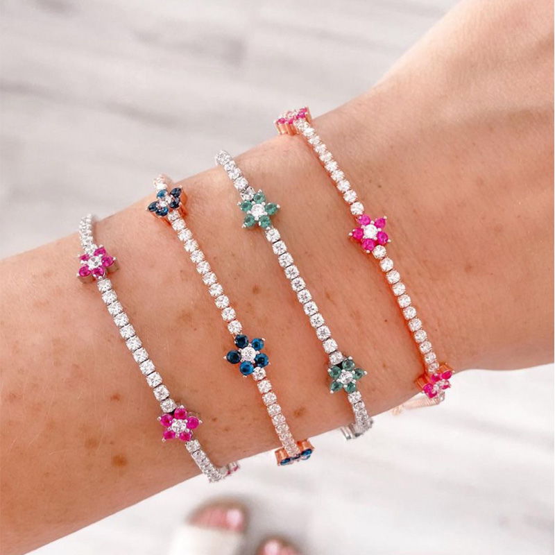Lente Nieuw Aangekomen Party Sieraden Prong Set 5A CZ Tennisketting Regenboog Daisy Flower Charm Kleurrijke Regenboogarmband