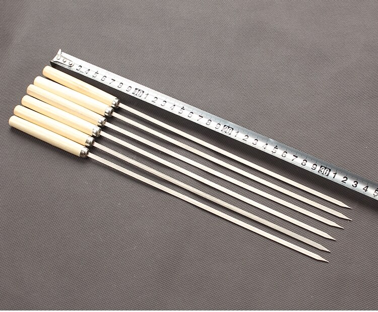 10 Pcs Flat Barbecue Stick BBQ Roasting Needle With Wooden Handle Brochette Tong Kebabe Skewers Stainless Steel Roasting Tools